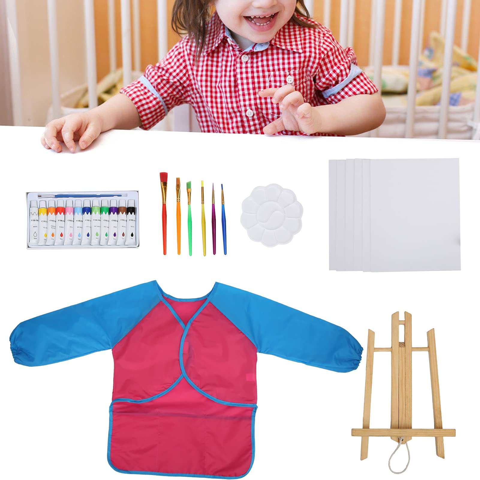 Juego de pintura acrílica para niños, kit de pintura artística para niños con caballete de madera, 12 colores vibrantes, 6 pinceles, bata, caballete de mesa portátil para el hogar (Rosa roja)