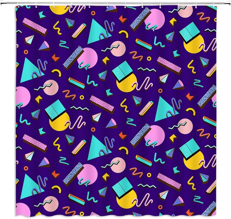 80s 90s Shower Curtain Retro Memphis Geometric Abstract Mid Century Modern Pattern Colorful Fabric Bathroom Decor Curtain with Hooks