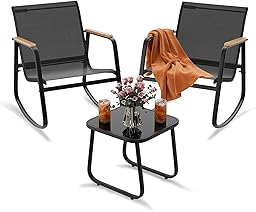 Xbro 3-teiliges Gartenmöbel Set mit 2 Schaukelstühlen und Glastisch, Balkonmöbel aus Teslin mit WPC Armlehnen, wetterfeste Outdoor Möbel für Balkon Terrasse Garten Hinterhof Poolbereich, Schwarz