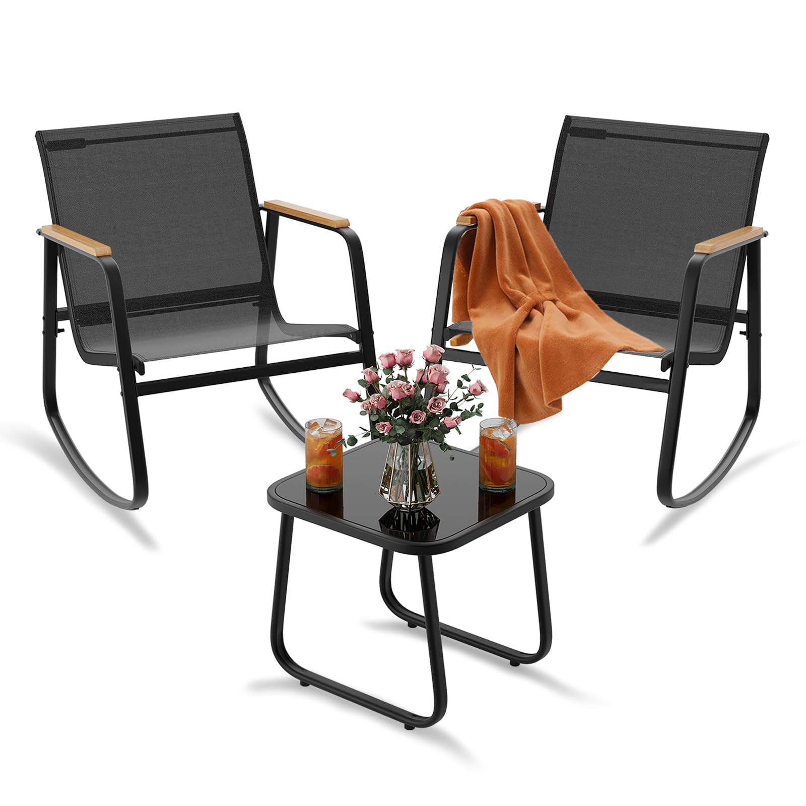 Xbro 3-teiliges Gartenmöbel Set mit 2 Schaukelstühlen und Glastisch, Balkonmöbel aus Teslin mit WPC Armlehnen, wetterfeste Outdoor Möbel für Balkon Terrasse Garten Hinterhof Poolbereich, Schwarz