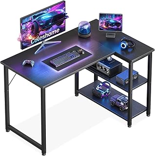 Coleshome Escritorio Gaming, 100x70cm Escritorio Esquinero con Estante de Almacenamiento Reversible, Mesa Escritorios Qu...
