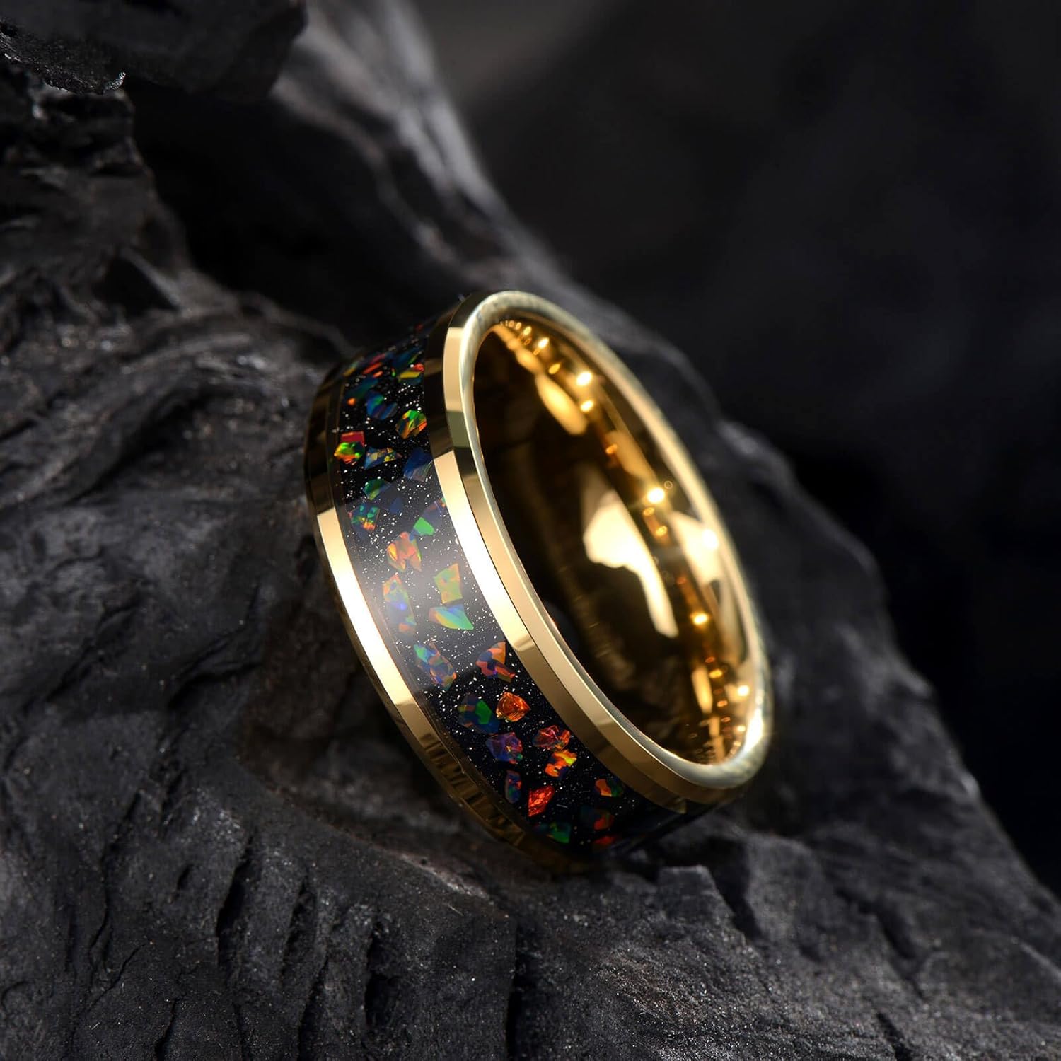 Men's Gold Tungsten Ring, Wedding Band, Inlaid with Star Opal, Brilliant Bevel Comfort Fit Size 7-14, Comes with Beautiful Box - Image 5