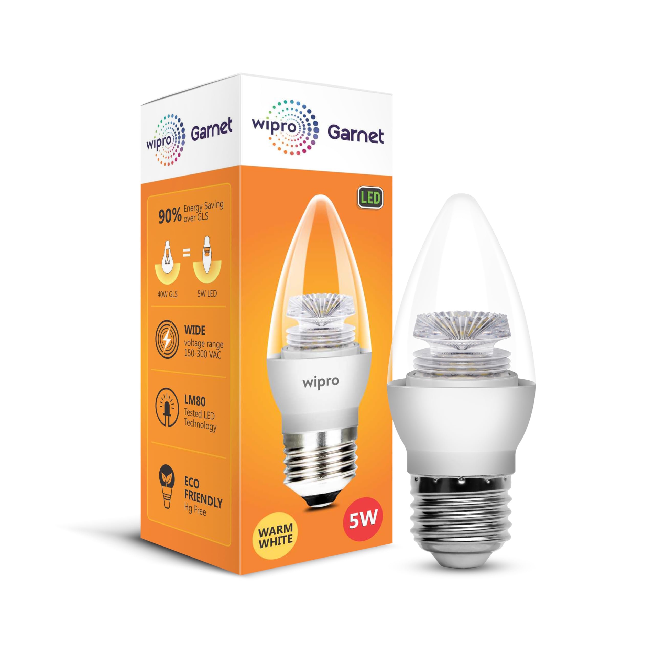 Wipro Garnet 5 W E27 Base Clear Candle LED Bulb | Warm White (2700K) | Pack of 1 | Clear optics for sparkling effect | LED Filament Bulb for Home, office, chandellior, decorative lamp shade-image-49