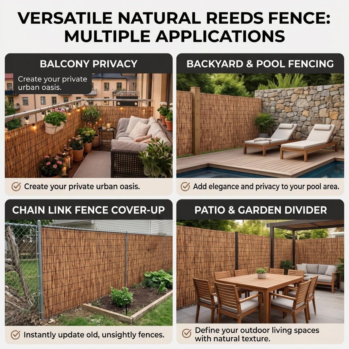 Stuoia in Canna Naturale per Privacy da Esterno 100/120/130/150/180 cm Arella in Bambù con Fascette Rotoli Recinzione Ombreggiante per Balcone Terrazza Piscina Giardino Gazebo Patio(H60xL300cm)