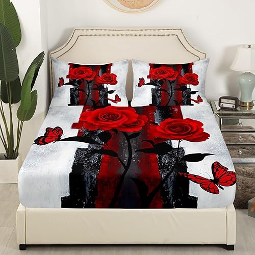 Miniatura 3 de Juego de sábanas de rosas rojas tamaño Queen, juego de ropa de cama grunge negro y blanco degradado para adultos, sábana bajera de acuarela vintage,