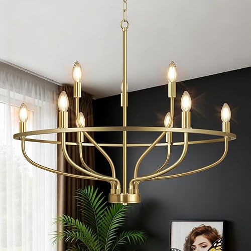 30" Gold Chandelier, 9-Light Modern Farmhouse Chandelier for Dining Room Lighting Fixtures Hanging, Candle Chandelier Light for Living Room, Kitchen Island, Bedroom and Entryway (Bulbs Not Included)