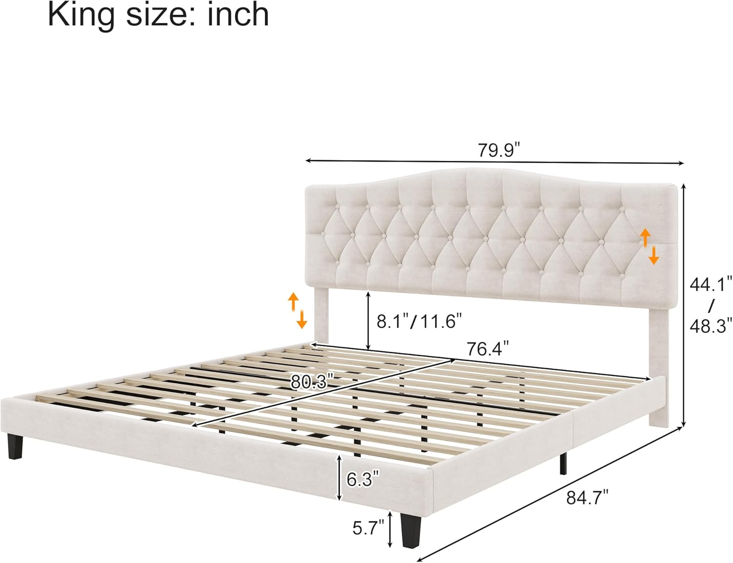 Ball & Cast King Size Upholstered Platform Bed with Adjustable Button Tufted Headboard,Wooden Platform Beds Frame W/Wood Slats&Metal Support,No Box Spring Needed,Bedroom Furniture for Apartment,Beige