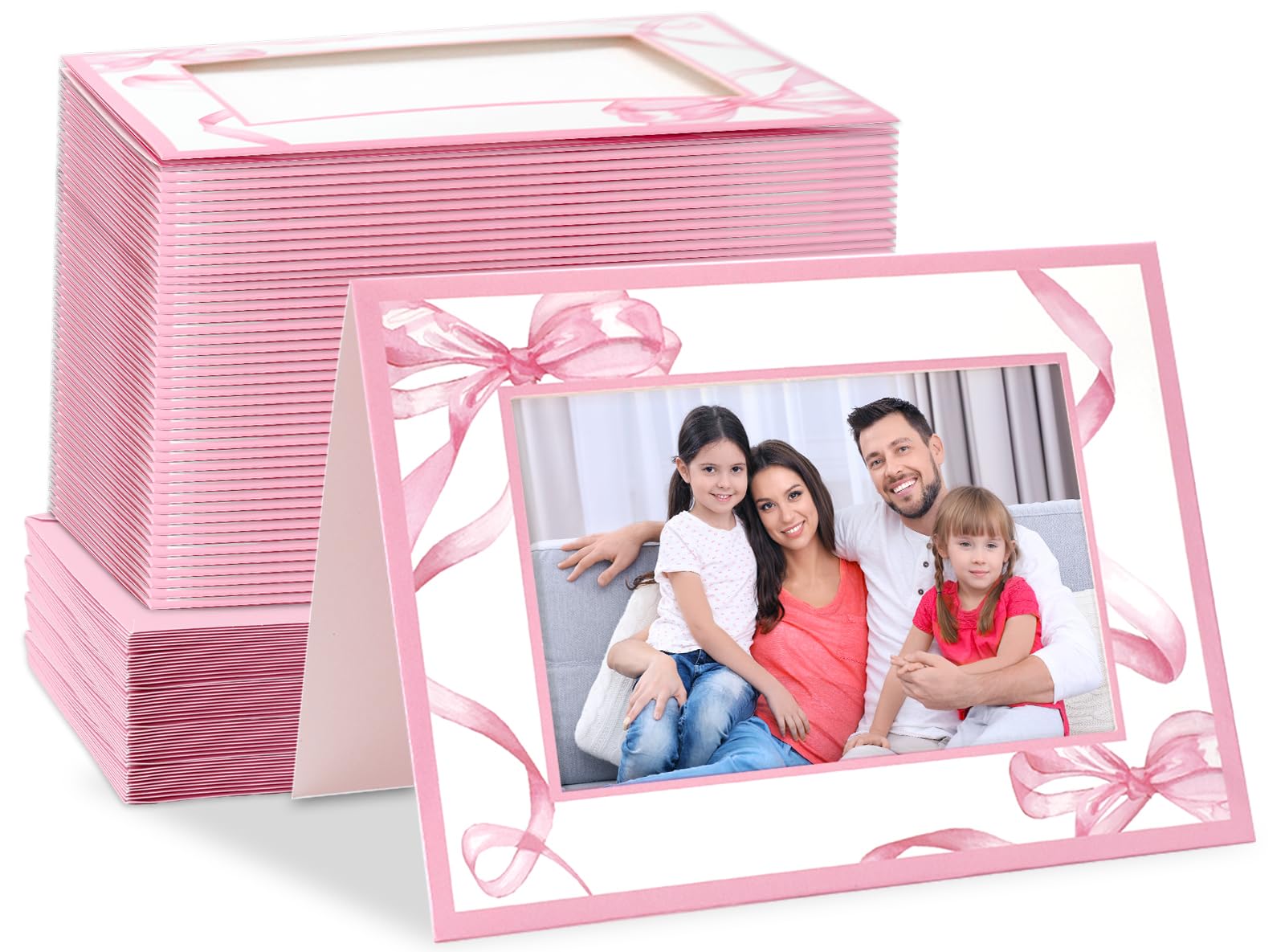 JarThenaAMCS 24Pcs Valentine Pink Bow Photo Greeting Cards with Envelopes Watercolor Bowknot Paper Picture Frames Decorative Photo Card Holder for