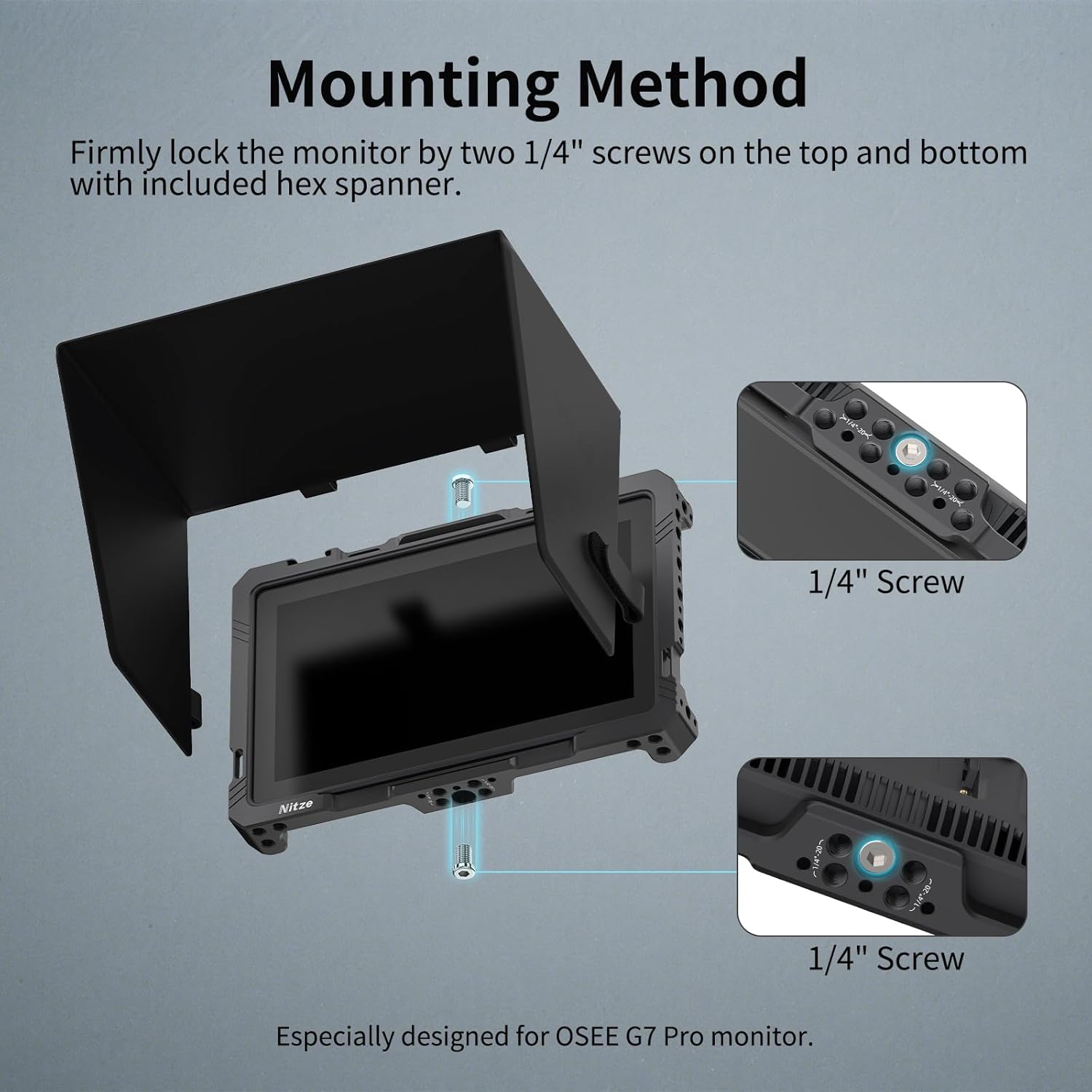 Nitze Cage for OSEE G7 Pro 7 Inch Monitor, with PU Leather Sunhood, Built-in Dual NATO Rails and Cold Shoes - JT-OE02B