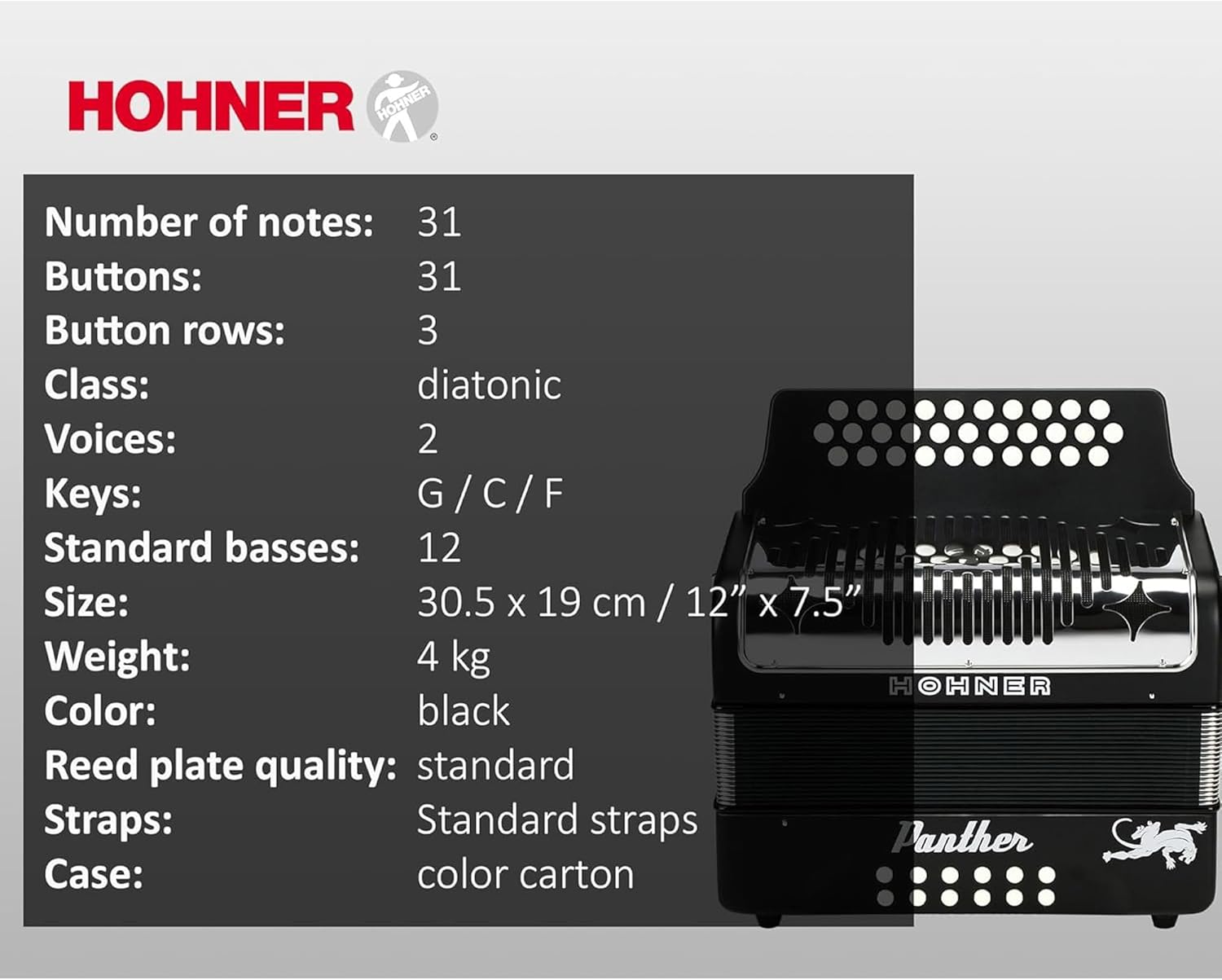 Hohner Panther Diatonic Accordion - Keys G/C/F Bundle with Gig Bag and Austin Bazaar Polishing Cloth