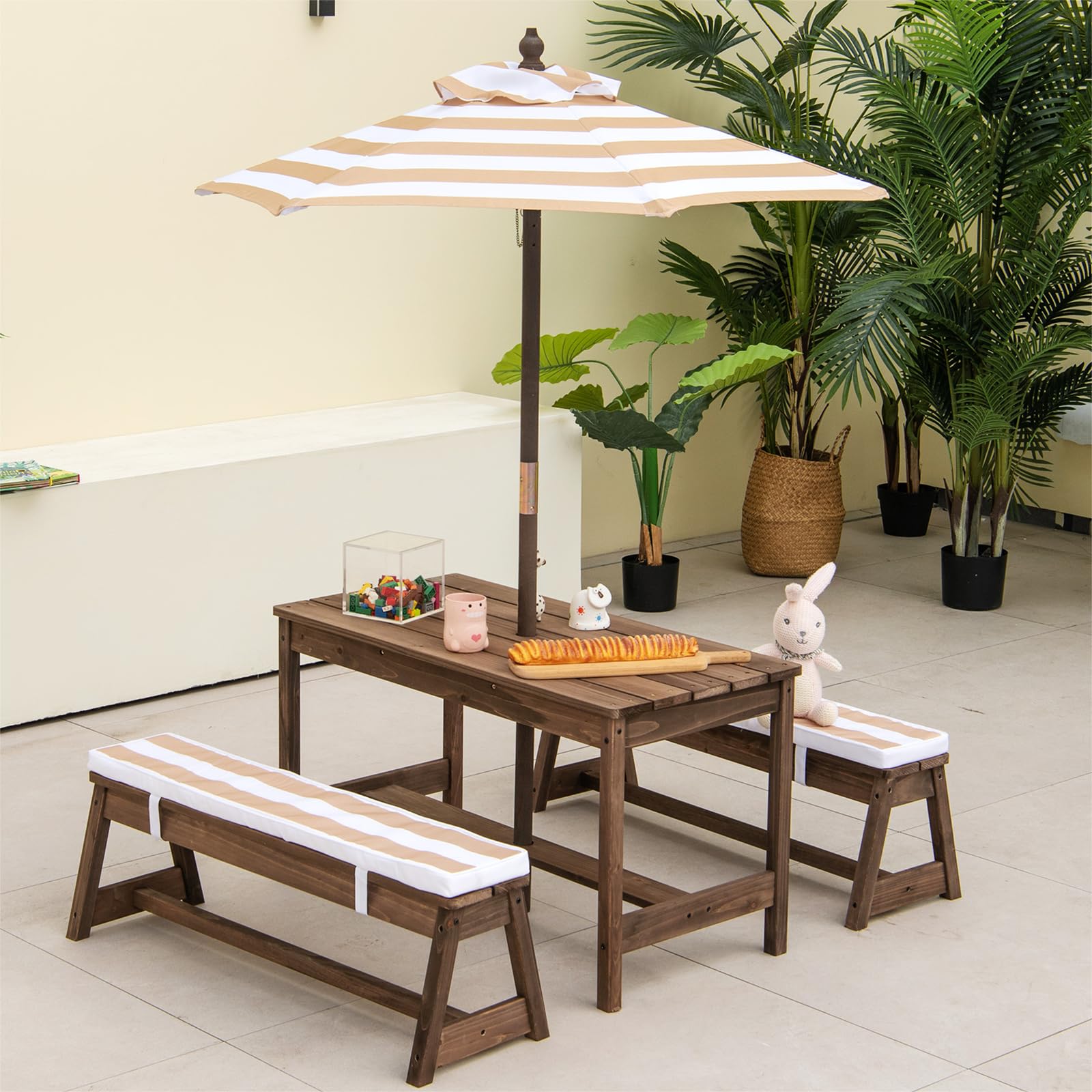 SOARS Set di Tavolo Picnic per Bambini con Ombrellone Regolabile, Panche per Bambini in Legno di Abete con Parasole e Cuscini Morbidi, Tavolo e Panchine Pranzo da Giardino e Parco (Marrone)