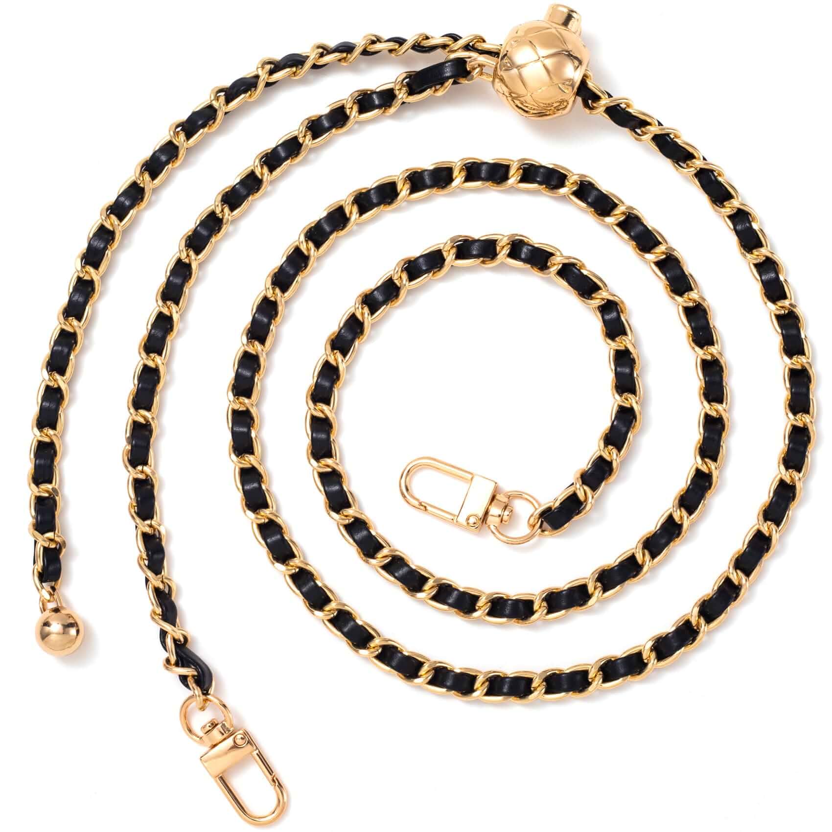Joez Wonderful1pc Gold Purse Chain Strap with Black Leather, 48in Metal & Leather, Adjustable, Replacement for Thin Shoulder Bag Chain, Extra Long Crossbody Chain Strap