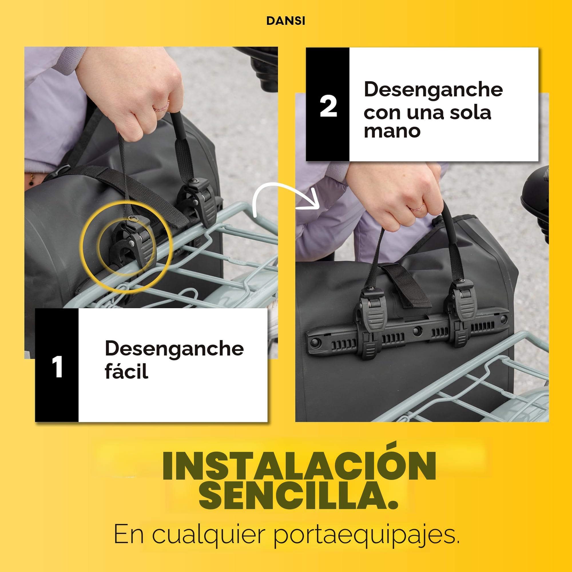 Dansi Bolsas de Bicicleta de 20 l para portaequipajes, con Correa para el Hombro y asa, Bolsa de Bicicleta 100% Impermeable con reflectores y Sistema de Clic, Negra (Lote de 1)