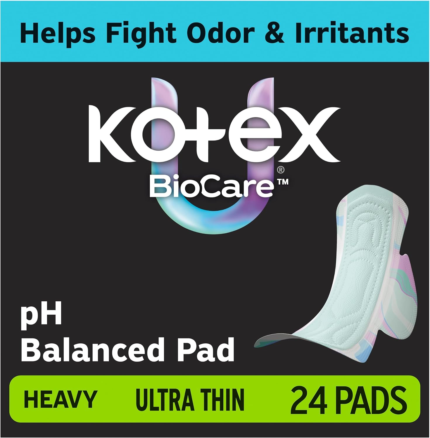 Kotex BioCare Ultra Thin Pads, Wings, Heavy, 24 Count