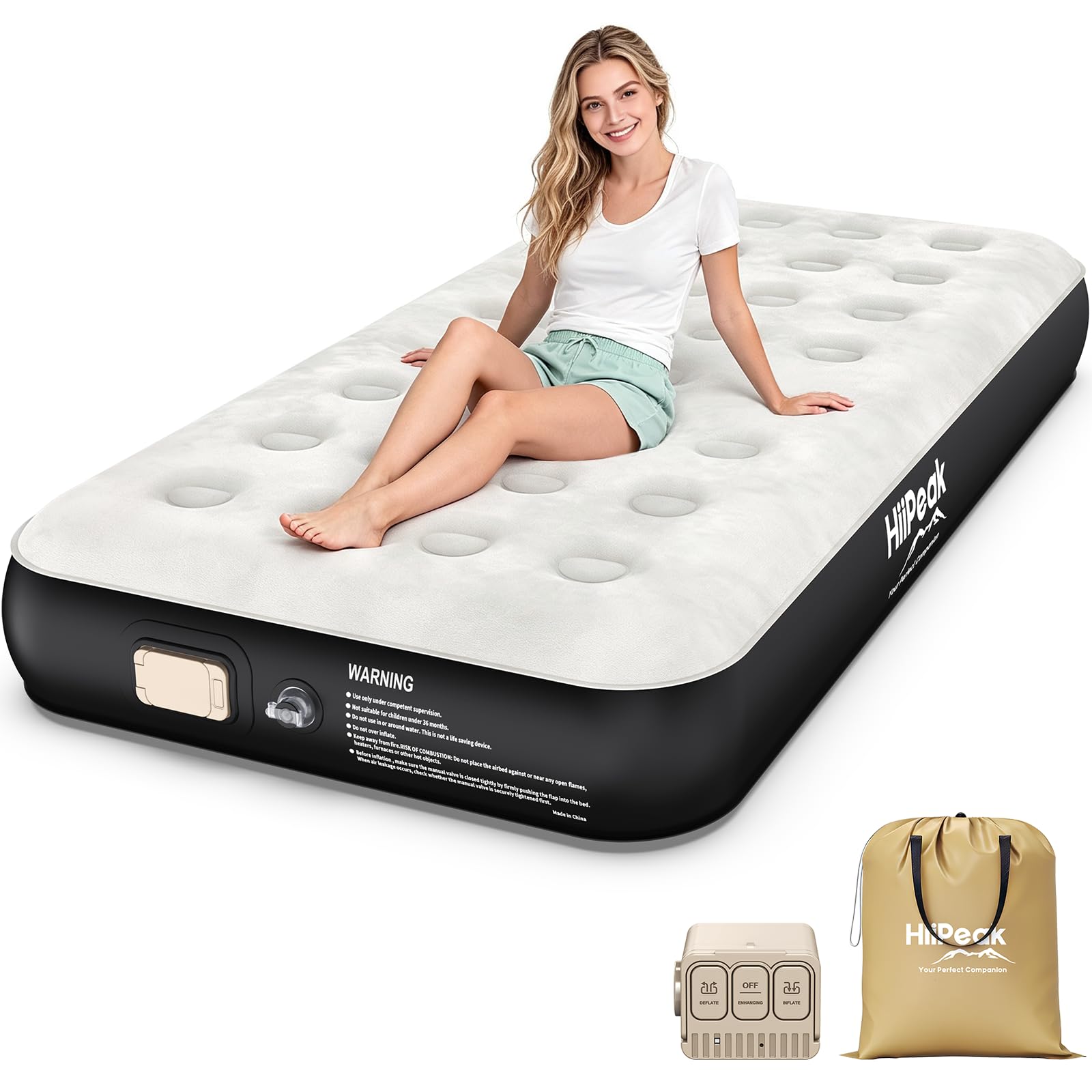 HiiPeak Colchón de aire individual de lujo con bomba integrada, cubrecolchón de gamuza suave para una comodidad superior, colchón inflable, cama de aire portátil para camping, invitados y hogar