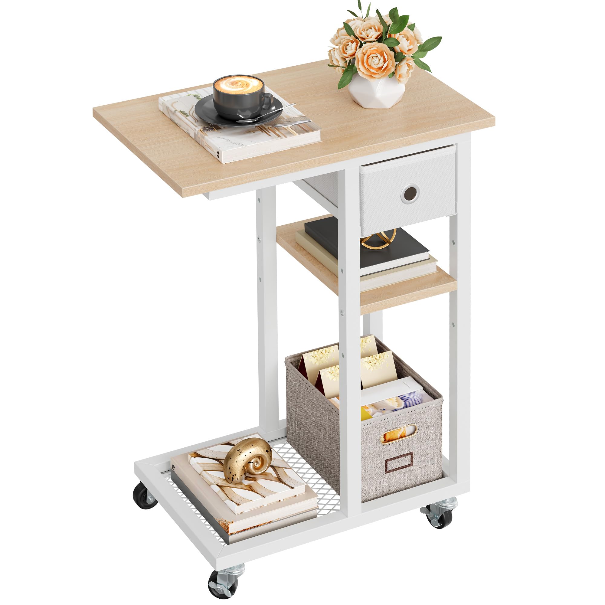 YITAHOME C-Shaped Slim Sofa End Table with Fabric Drawer, Oak
