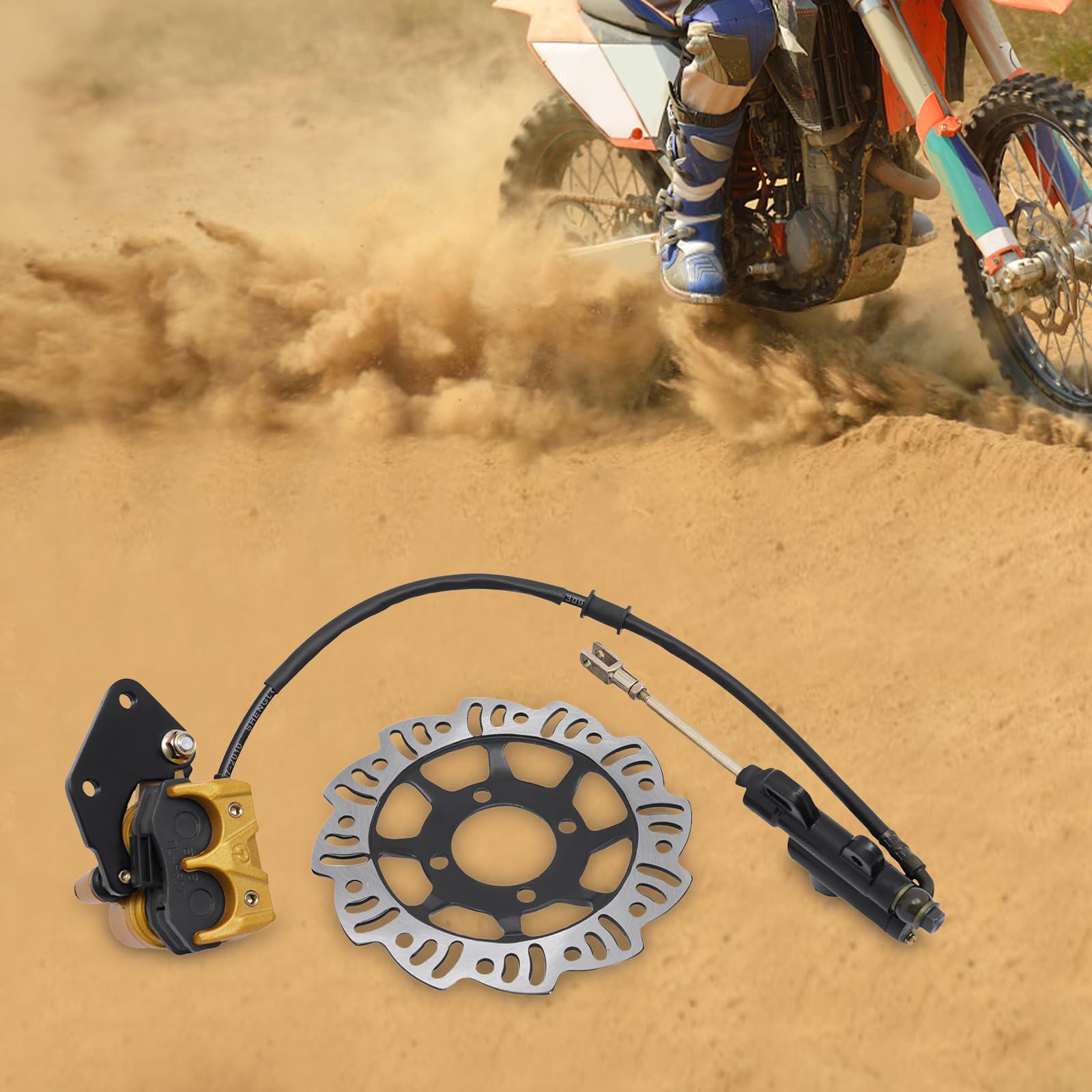 MotoCross zestaw hamulców hydraulicznych, zacisk hamulcowy tylny, części zamienne do motocykla, kompletny zestaw premium z wytrzymałą tarczą hamulcową i okładzinami, do 49-125 cm³, 4-suwowych rowerów