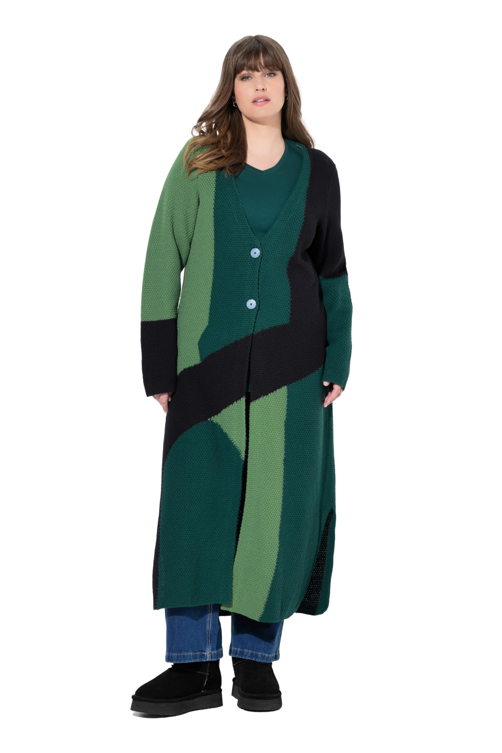 Ulla Popken Damen große Größen Übergrößen Plus Size Long-Strickjacke, Struktur, V-Ausschnitt, Biobaumwolle 822119