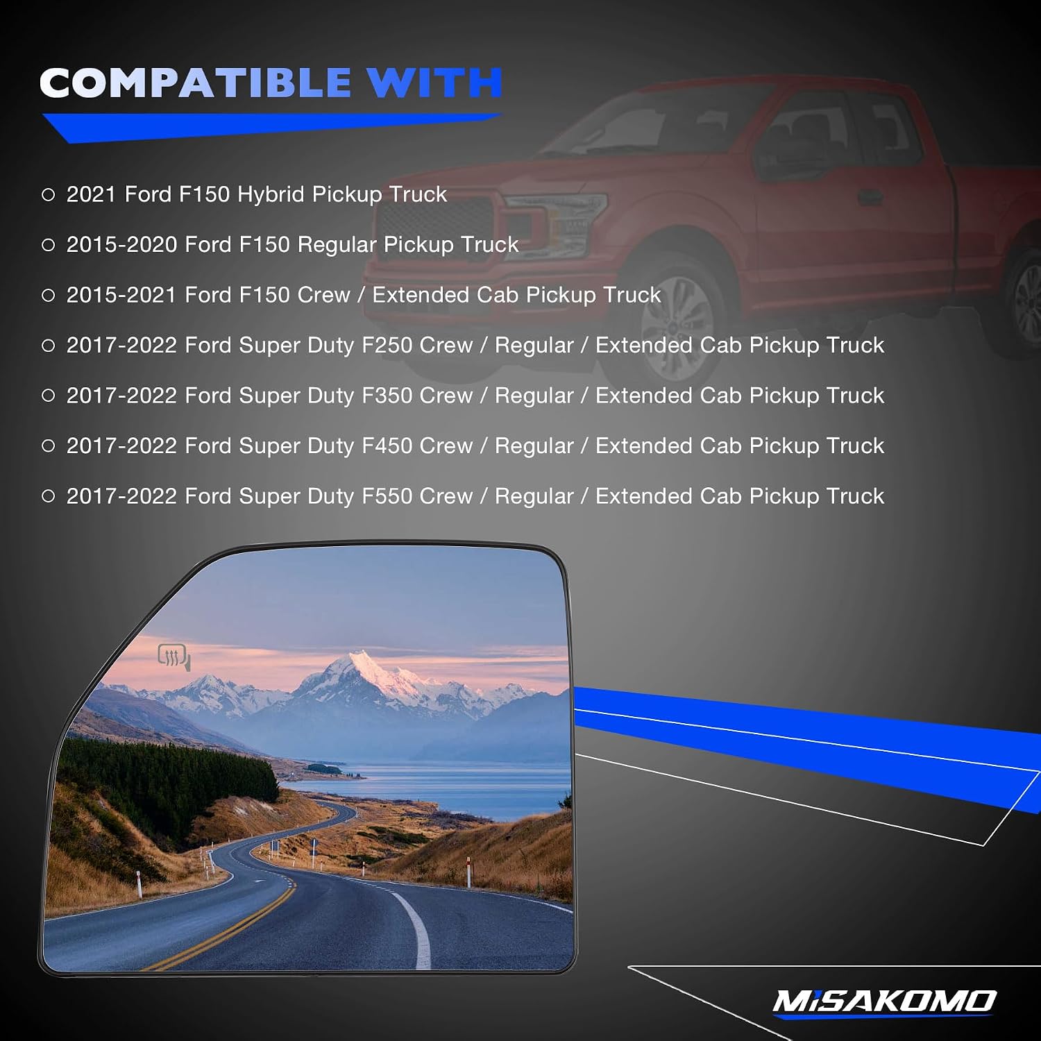 Power Heated Upper Mirror Glass, Compatible with 2015-2022 Ford F150 Truck F250 F350 F450 F550 Super Duty, Replace FL3Z17K707T Left Driver Side View Heated Upper Convex Mirrors Glass with Rear Holder