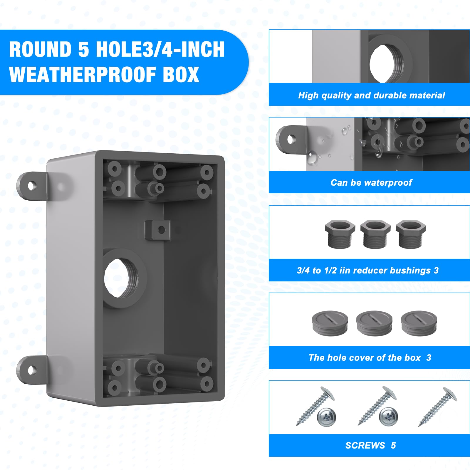 Single-Gang Weatherproof Electrical Outdoor Box, Suitable 1/2-Inch or 3/4-Inch Electrical Conduit Switch/Outlet Box, UL Listed, Junction Box Outlet, 2 Pack, Gray — Amazon image 4