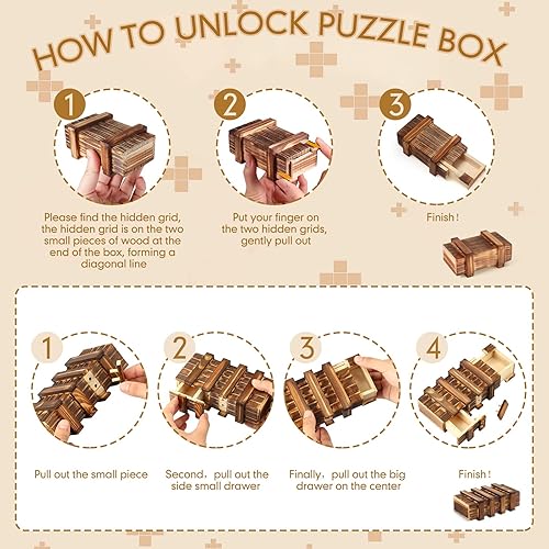 Miniatura 9 de Kasyat Caja de rompecabezas para adultos, cajas de rompecabezas de madera con compartimentos latentes, caja de rompecabezas difícil con