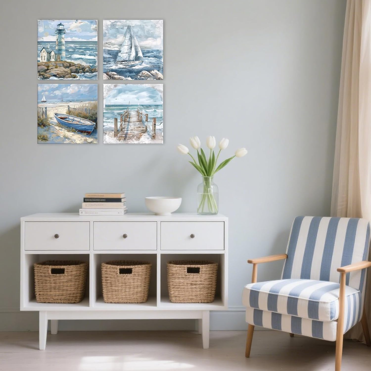 GLOKAKA Coastal Nautical Wall Art 4 Panel Vintage Seaside Landscape Pictures Canvas Print for Beach House(Ocean-1,16"x16"x4pcs)