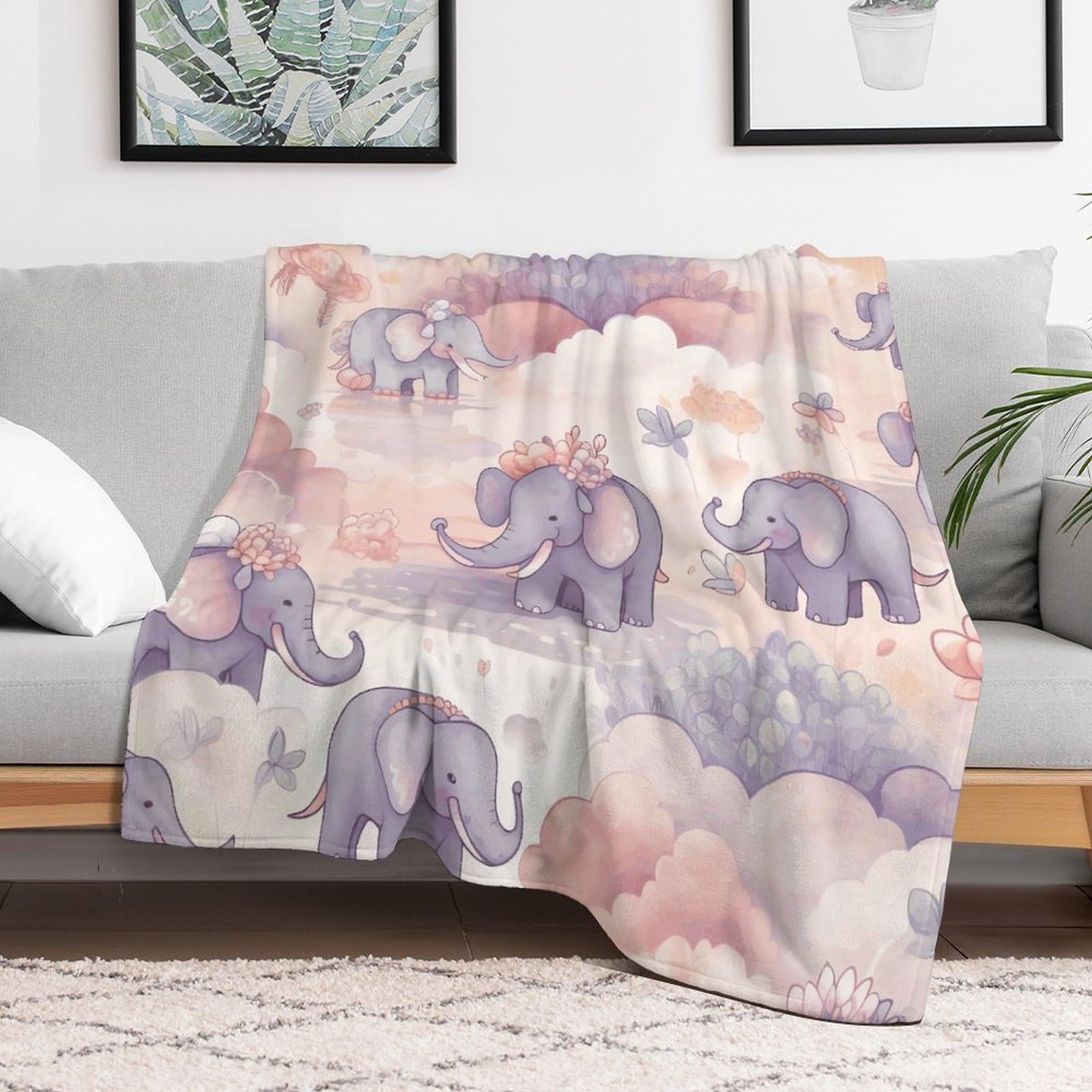 Couverture pelucheuse anti-froid en flanelle et micro polaire éléphant