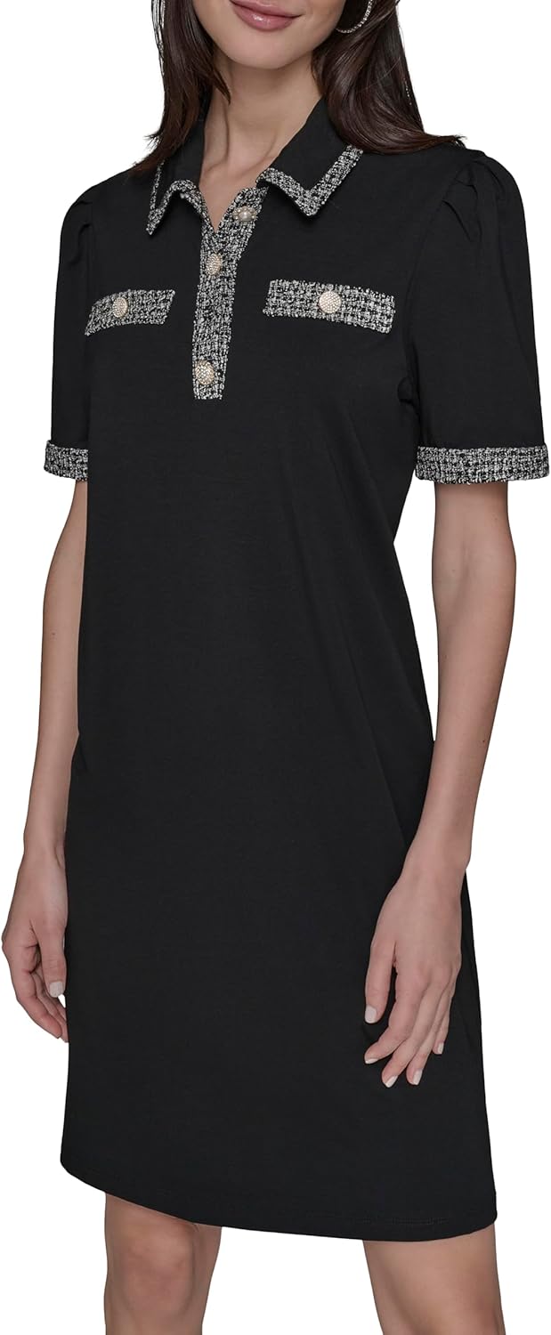 Karl Lagerfeld Womens Puff Sleeve Tweed Collar Essential Dress