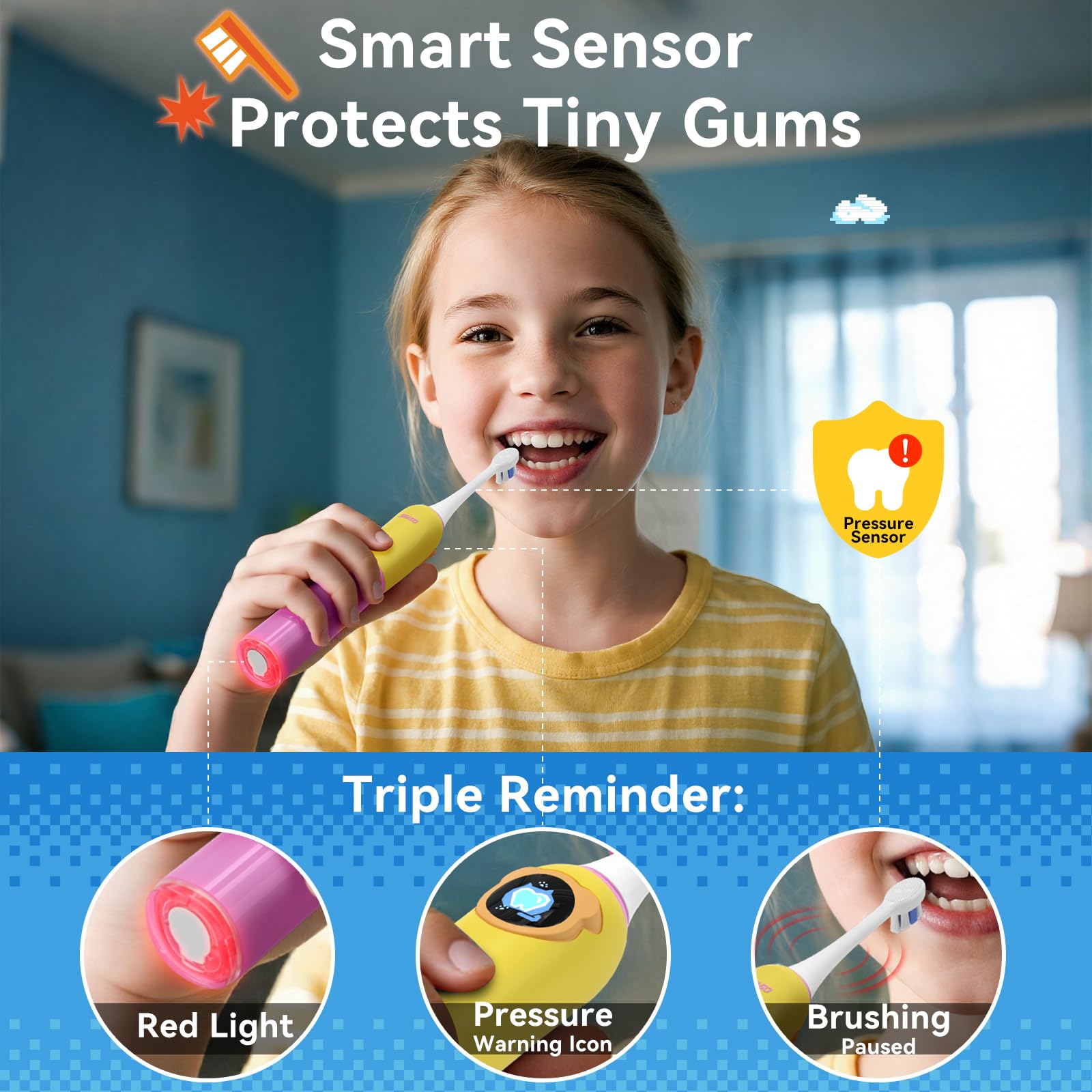 Seago Kinder Elektrische Zahnbürste ab 6 Jahren mit LCD-Bildschirm, Drucksensor, 2-Min-Timer, 80 Tage Akkulaufzeit, 3 Putzmodi, 8 Bürstenköpfen und personalisierbaren Aufklebern SG-2772 Rosa