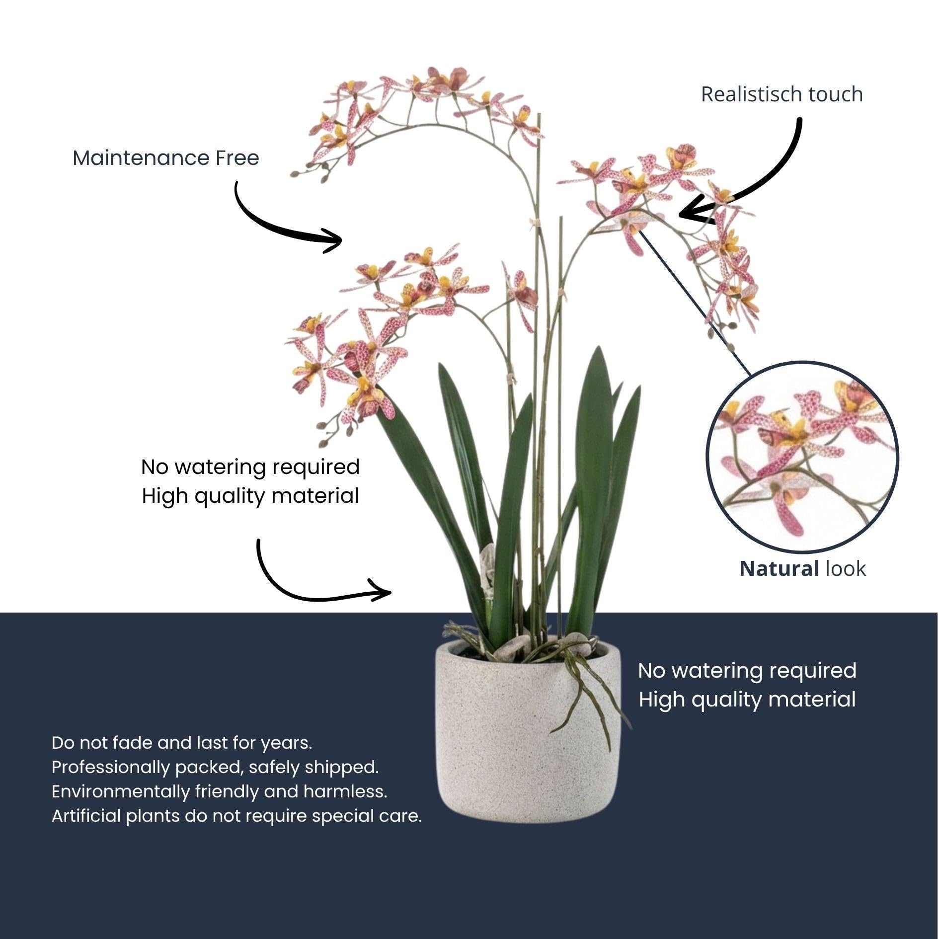 Sztuczna orchidea Renanthera 56 cm w doniczce – żółta pomarańczowa roślina kwitnąca sztuczna roślina w szarej doniczce – realistyczna dekoracja storczyków, bez pielęgnacji, piękna przez cały rok