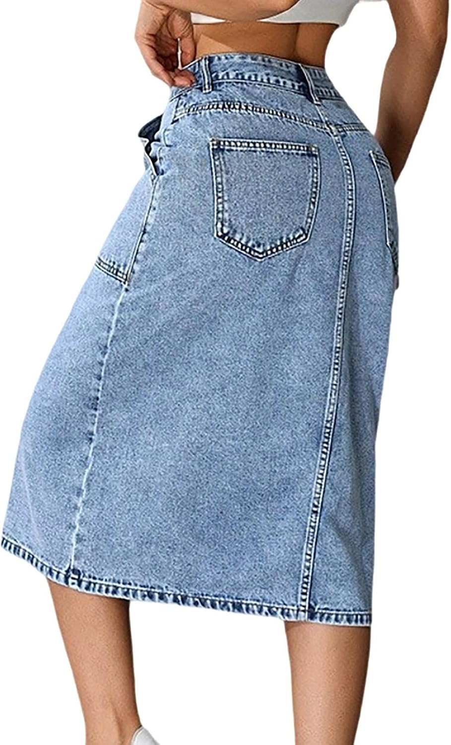 Jean Skirts for Women Trendy Midi Length A Line High Waist Casual Button Down Stretchy Denim Skirt with Pockets