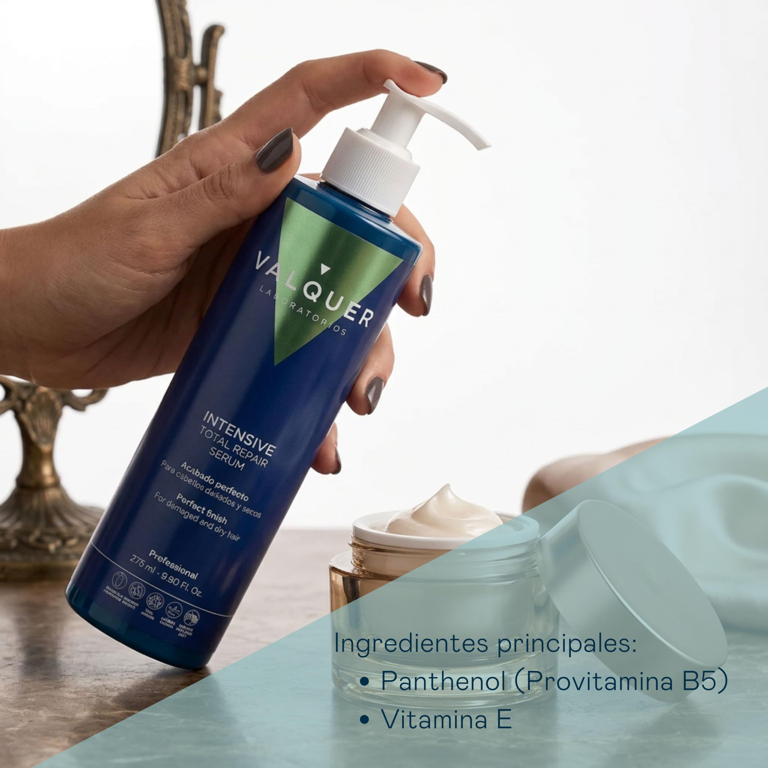 Valquer Sérum Capilar Intensivo Total Repair. Tratamiento Reparador para Cabellos Dañados y Secos con Panthenol y Vitamina E. Brillo, Suavidad y Acabado Perfecto. Vegano. 275 ml