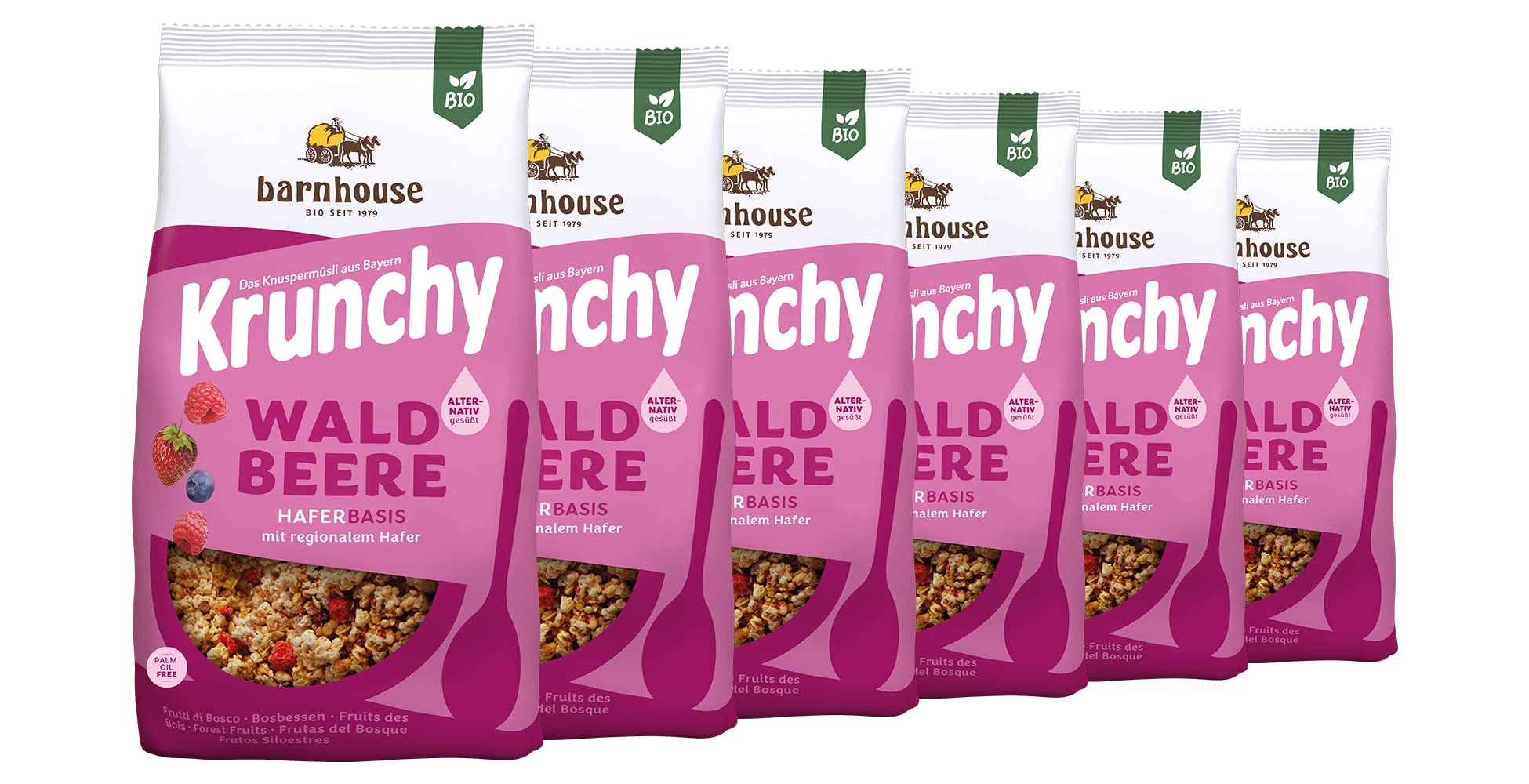 Barnhouse Krunchy Waldbeere alternativ gesüßt, Bio Hafer-Knuspermüsli aus Bayern, nur mit Reissirup gesüßt, mit köstlichen Beeren, 6 x 375 g