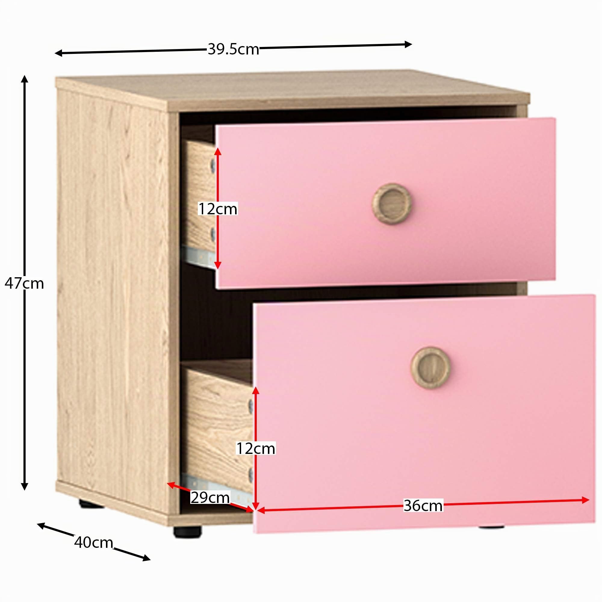 Junior Vida Neptune Table de Chevet 2 tiroirs de Rangement pour Chambre à Coucher, Rose et chêne, 76 x 64,5 x 40 cm