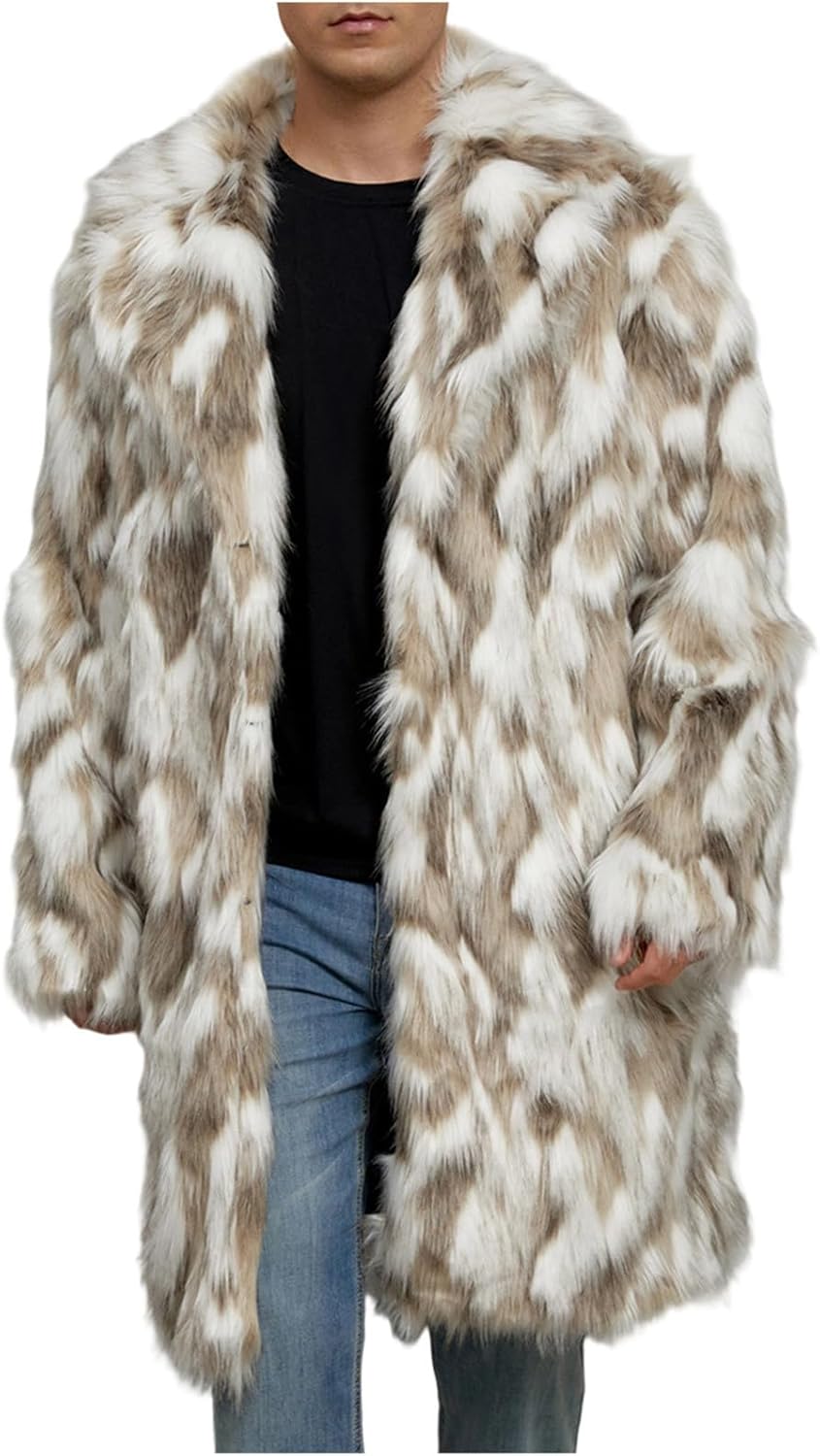 Cambkatl Men's Luxury Faux Fur Coat, Warm Winter Furry Long Sleeve Open Front Long Cardigan Jackets Lapel Outerwear
