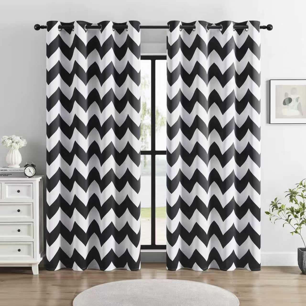 BOHOMOCASA 100% Blackout Curtains – Classic Black and White Chevron Curtains, 2 Panels, Each W52×L84, Thermal Insulated, Nosie Reduce, for Bedroom and Livingroom — image 1