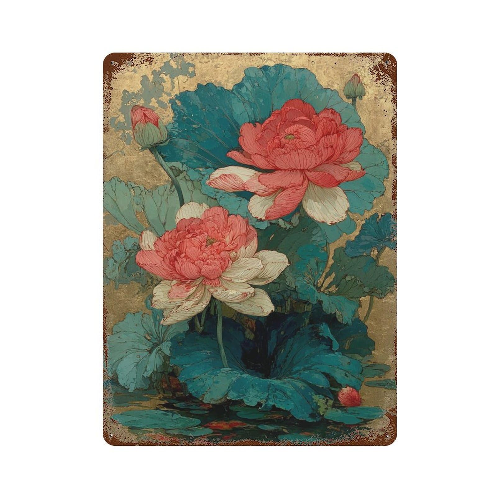 Lotus Flowers Painting Artwork Retro Metal Sign 15.7"x11.8", Shabby Chic Decor for Bistro, Counter And Cafe Decor