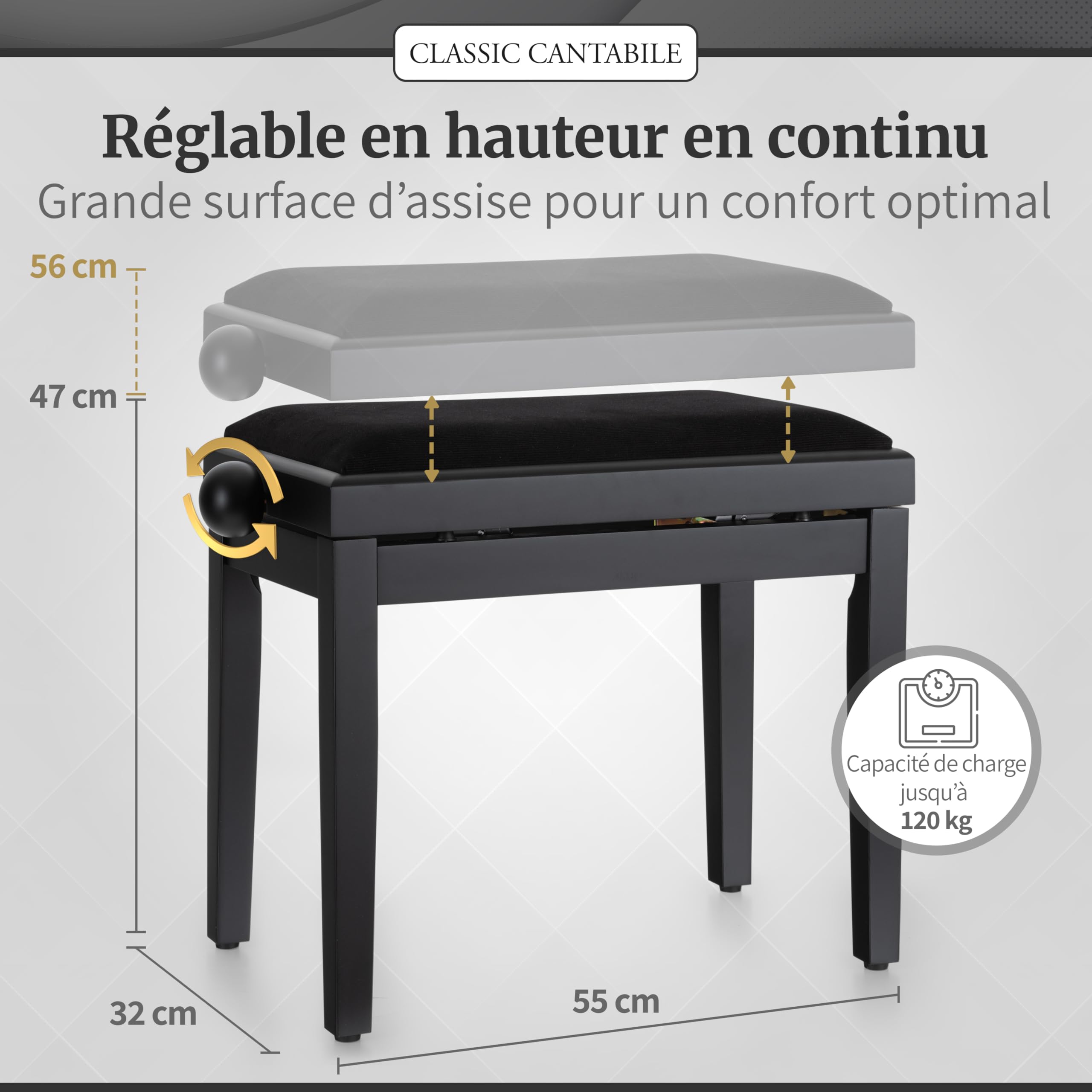 Classic Cantabile Banc de Piano Noir Mat - Hauteur réglable de 47 à 56cm - Tabouret avec mécanisme à vis - Banquette Surface d'assise 55 x 32cm - Siège avec revêtement en Velours, Stable