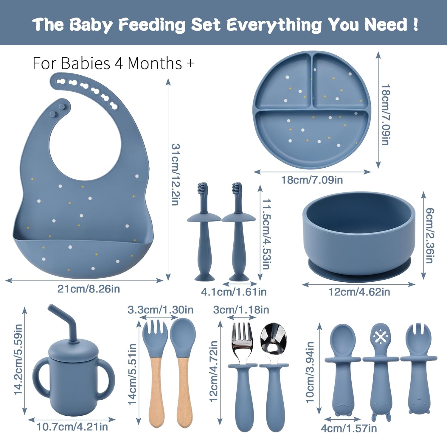 Silicone Baby Feeding Set,13PCS Feeding Essentials with Suction Bowl and Plate,Spoons & Forks,Bib & Cup, Toothbrush,Baby Led Weaning Supplies for 6+ Months - Lake Blue