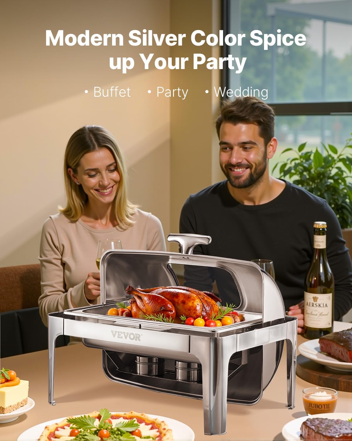 vevor roll top chafing dish buffet complete set, 9 qt 1 pack stainless steel chafer with 2 half size pans, rectangle catering warmer server with visible lid water pan folding stand fuel holder, silver visible(upgraded? silver