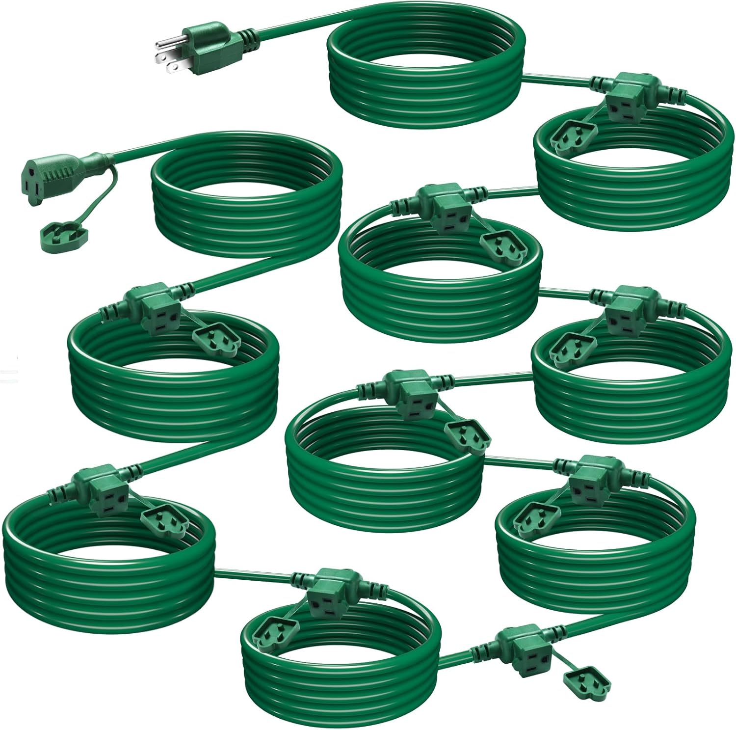 50 Ft Outdoor Extension Cord, Evenly Spaced 10 Outlets Plugs, 16/3 SJTW Weatherproof Multiple Outlets Wire for Landscaping Light, Winter Holiday Party Decor and Christmas Ornament, ETL Listed, Green