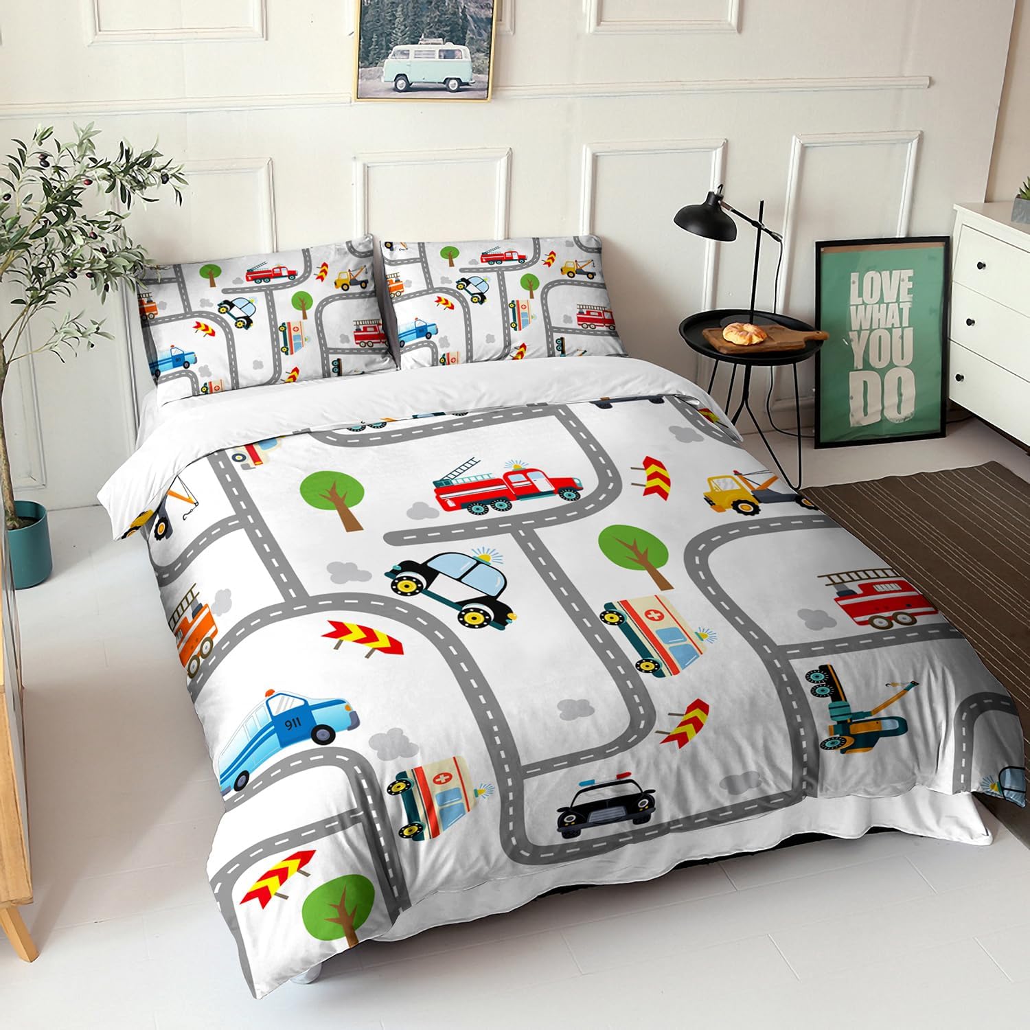 AILONEN Cartoon Car Duvet Cover Set Queen Size,Construction Truck Kids Bedding Set for Boys,Fire Truck Police Car Road Print Comforter Cover Set 3 Pieces, 1 Quilt Cover and 2 Pillowcases(No Comforter)