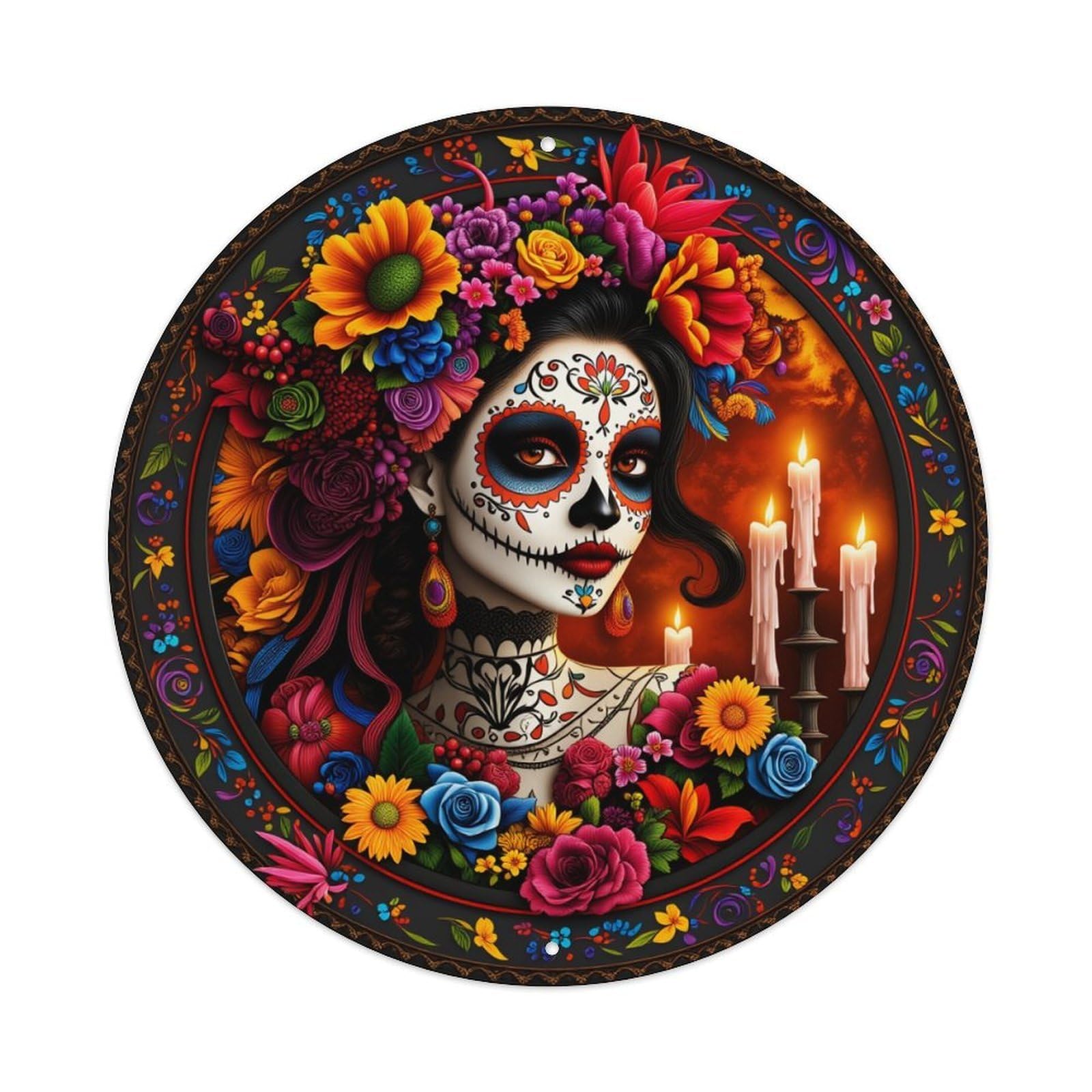 Day Of The Dead Art_1 Round Tin Sign Vintage Metal Poster, Home Bar Garage Man Cave Cafe Indoor & Outdoor Wall Decoration 8x8Inches