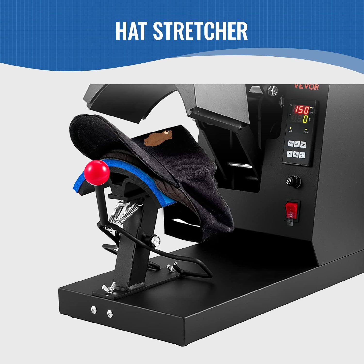 Hat placed on the hat stretcher of the VEVOR Heat Press