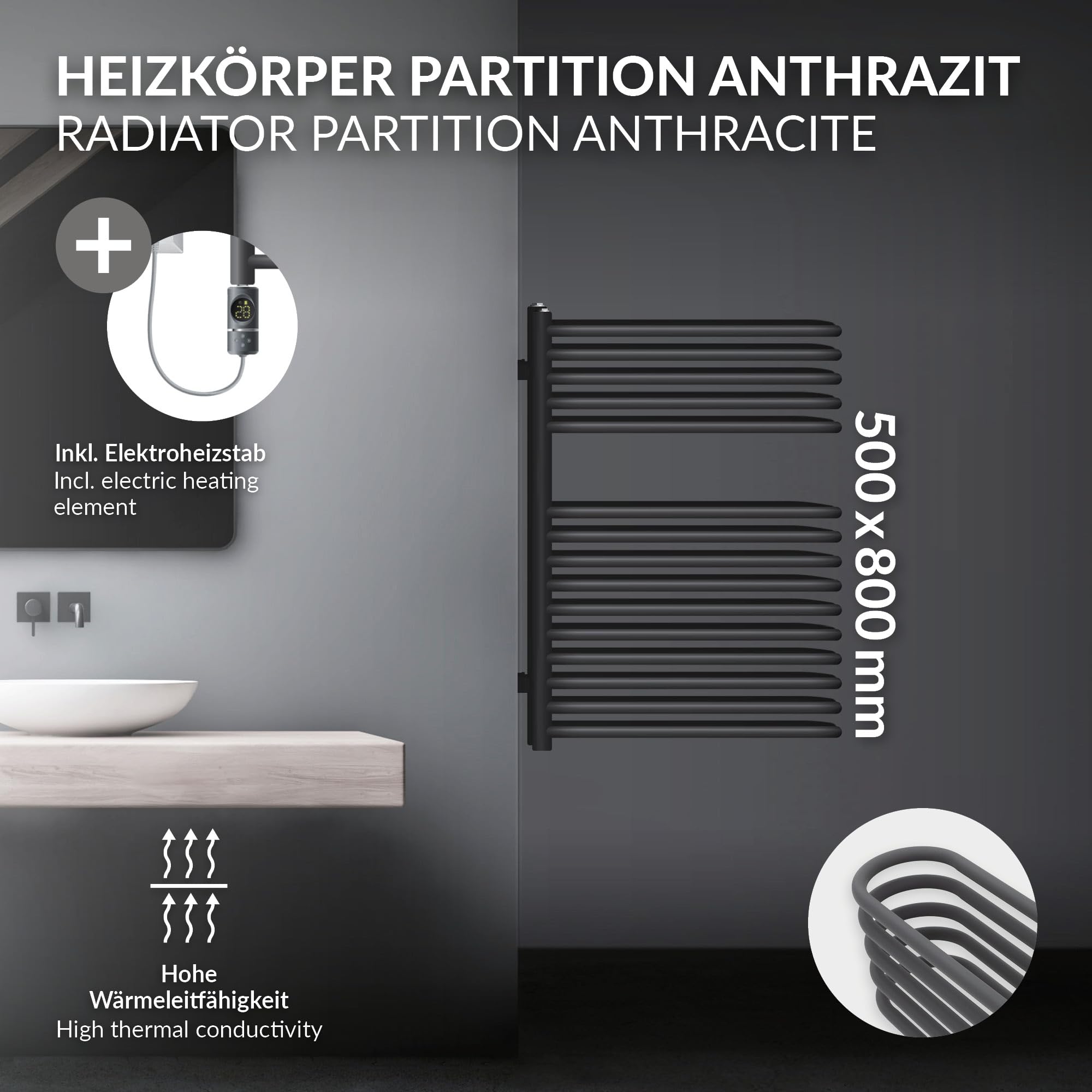 LuxeBath Radiador Toallero de Diseño Monocapa para Baño 500 x 800 mm Antracita con Elemento Calefactor 300W Pantalla Digital Cromo Estufa Moderna para Aseo o Dormitorio con Tubos Ovalados
