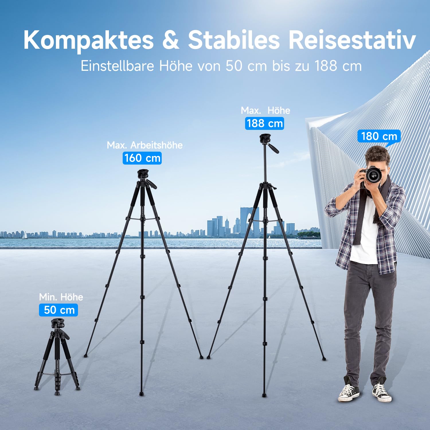 Rollei Compact Traveler Star S4, 188cm Kamera Stativ Leicht Kompakt aus Aluminium Fotostativ mit Kugelkopf für DSLR Dreibeinstativ für Smartphone mit Handyhalterung, Kamerastativ-Camera-Tripod