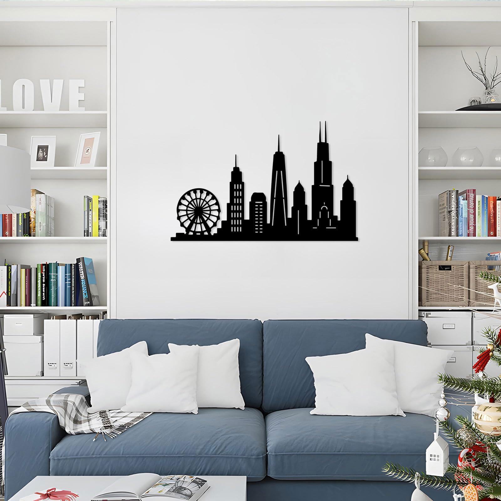 Ozdoby do salonu metal, nowoczesna rzeźba do dekoracji domu (61 cm) | Panorama miasta metalowa sztuka ścienna dekoracja ścienna metalowa dekoracja zewnętrzna