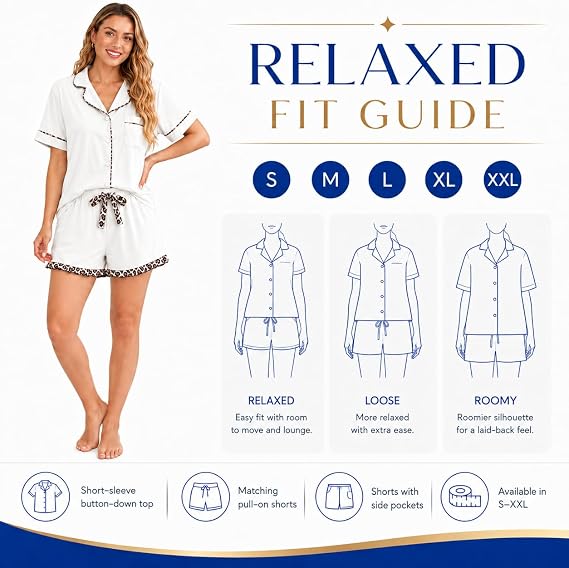 RONGTAI Women's Pajama Set Button Down Lounge Set with Leopard Trim | Breathable fabric, relaxed fit, and side pockets for comfortable lounging & everyday wear