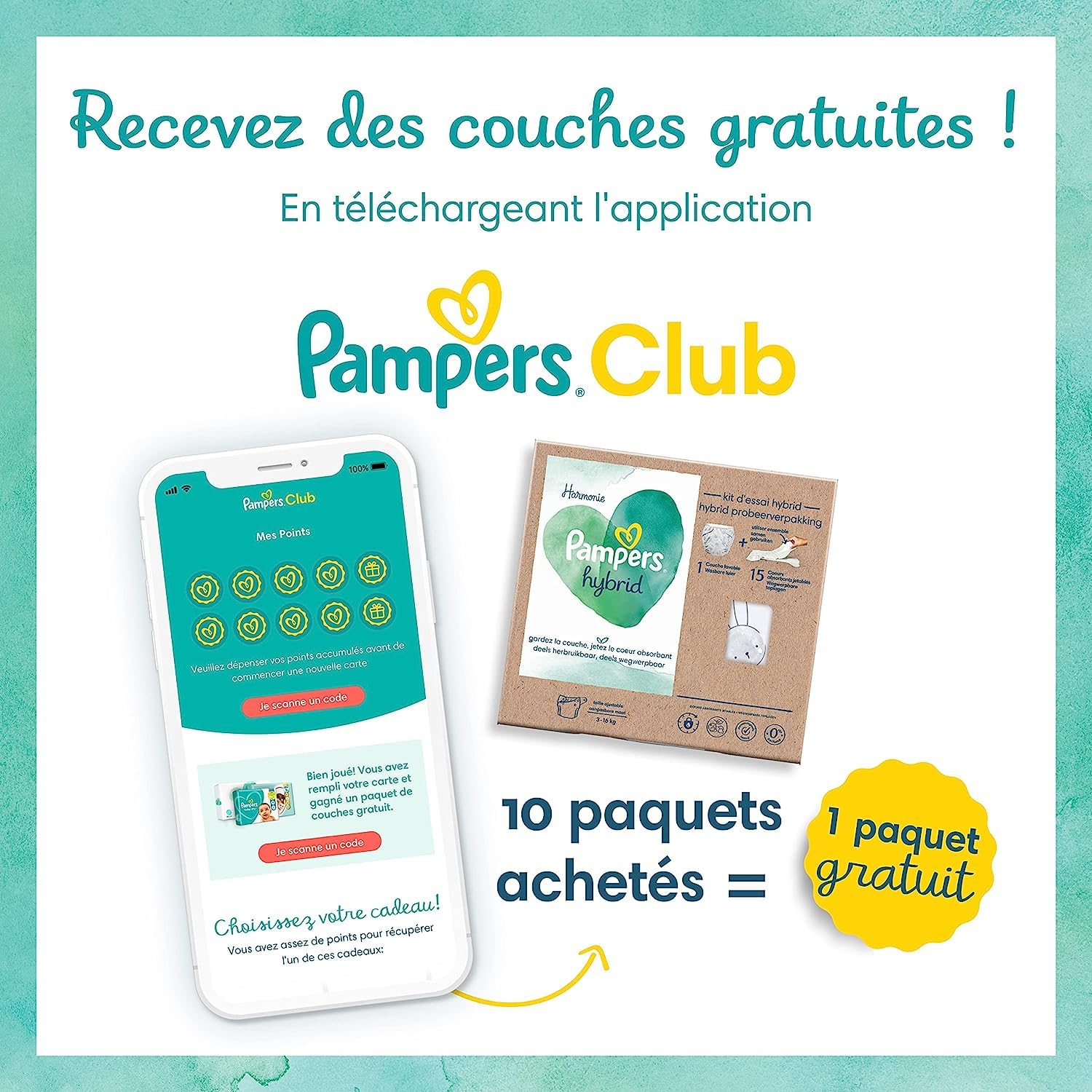 Pampers Harmonie Hybrid, 108 Cœurs de Protection Jetables pour Couche Lavable Hybride, 100% d'Absorption, Protège la Peau Sensible des Bébés, Ingrédients d'Origine Végétale et sans Parfum