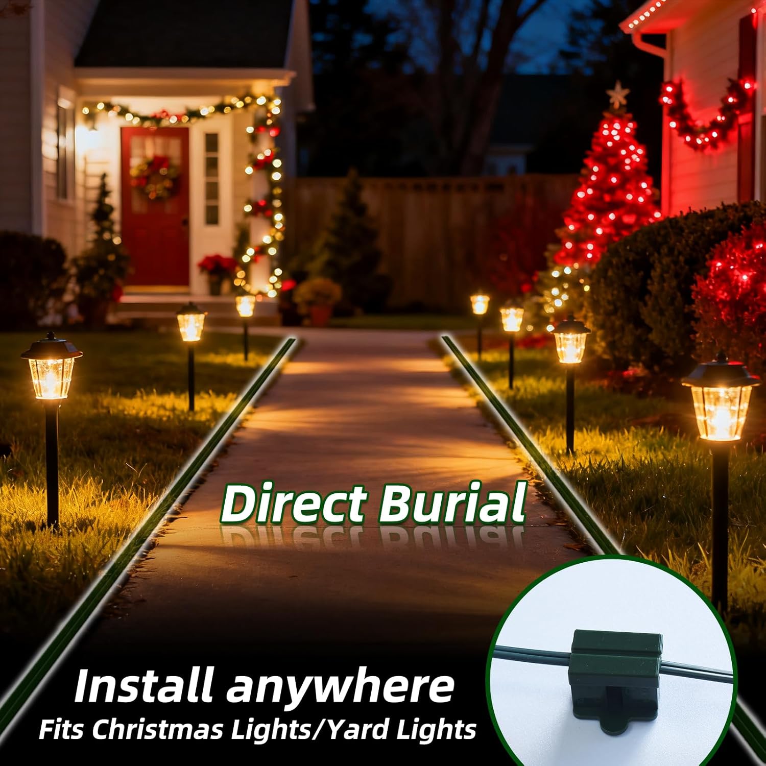 250FT SPT-2 Christmas Electrical Wire - with 4 Vampire Plugs, Heavy-Duty 18 Gauge Low Voltage Cable for Large Holiday & Commercial Lighting, Flexible Green 18/2 Lighting Extension Wire